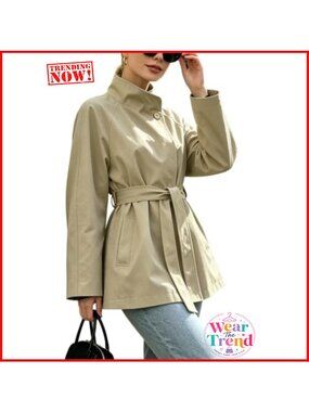 Belted Open Front Trench Coat Stand Collar Windproof Overcoat